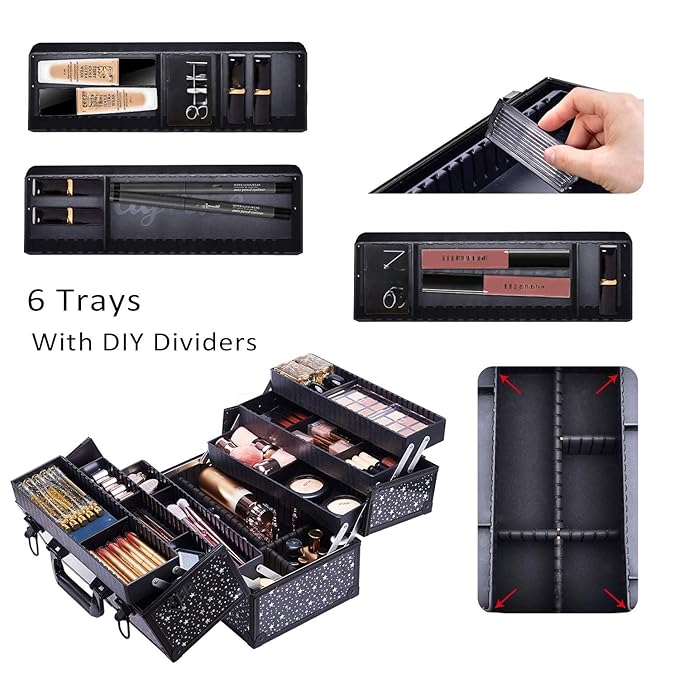 Makeup Case 6 Trays Large 14" x 8.5" x 11" Train Cases Cosmetic Organizer Storage Box by Joligrace - Star Pattern