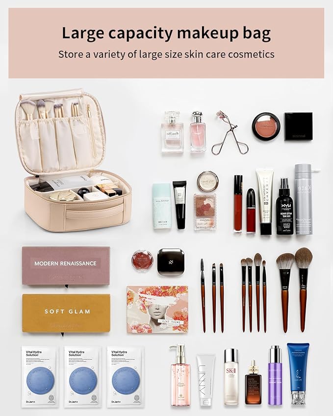 Vlando Travel Makeup Bag, Large Capacity Cosmetic Bag for Women PU Leather Makeup Case Organizer Portable Make up Bag with Dividers and Handle for Girls,Wedding,Makeup Brushes Milk Tea