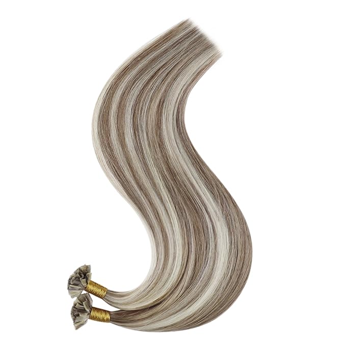 Full Shine U Tip Hair Extensions Real Human Hair 22 Inch Keratin Tip Hair Extensions Brown with Blonde Highlighted Fusion Extensions 50 Grams Natural Human Hair