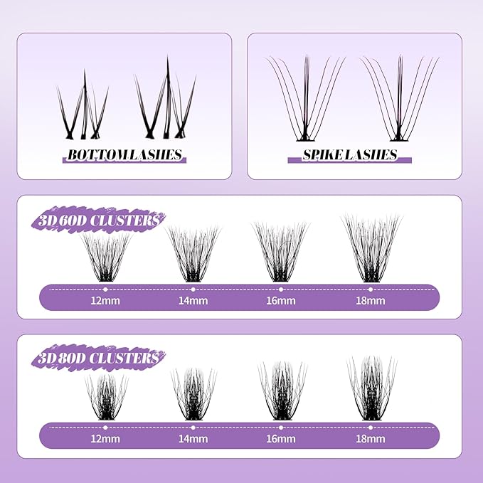Lash Clusters With Bottom Lashes 60/80D C/D Curl 12-18mm Multi-types Individual Clusters Eyelash Extensions, Spike, Wispy Lash clusters(60/80D-3D)