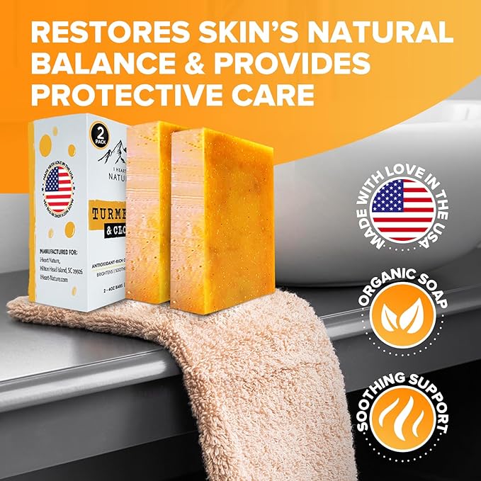 iHeart Nature Organic Turmeric Soap for Dark Spots & Acne with Clove Bud (2 Packs) – Face & Body Bar – Rich, Creamy Lather for Natural Skin Glow Aromatherapy