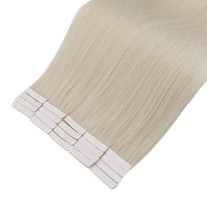 Full Shine Injected Tape Hair Extensions 5Pcs Color 1000 Blonde Virgin Intact Tape in Hair Extensions Seamless Skin Weft Tape ins Extensions 16 Inch Human Hair Extension 10Gram Straight Hair