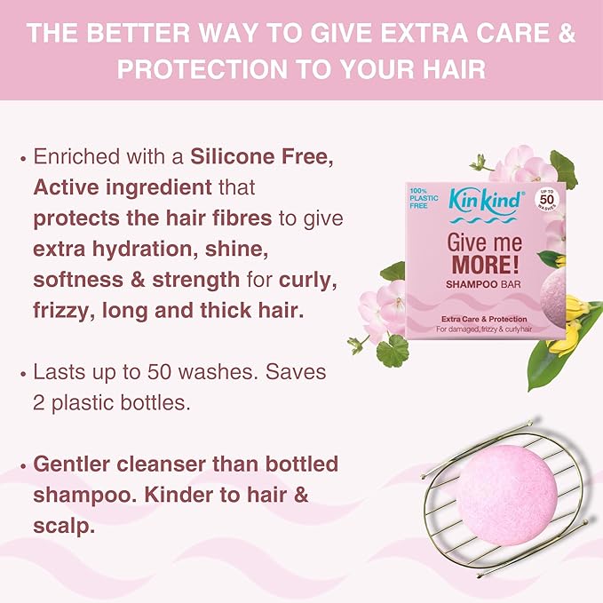 KinKind Give me MORE! Shampoo Bar for for Curly, Damaged & Frizzy hair. Extra Care & Protection. Up to 50 washes. Vegan. No silicones or parabens. UK made. 50g