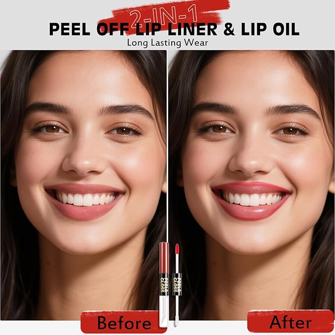 Lip Stain Peel Off Lip Oil 2 in 1 Combo Set, Red Long Lasting Tattoo Lip Liner Stain, Transfer-Proof Lip Tint Matte Finish Moisturizing Lip Gloss for Women Daily Makeup, Easy to Use Quickly