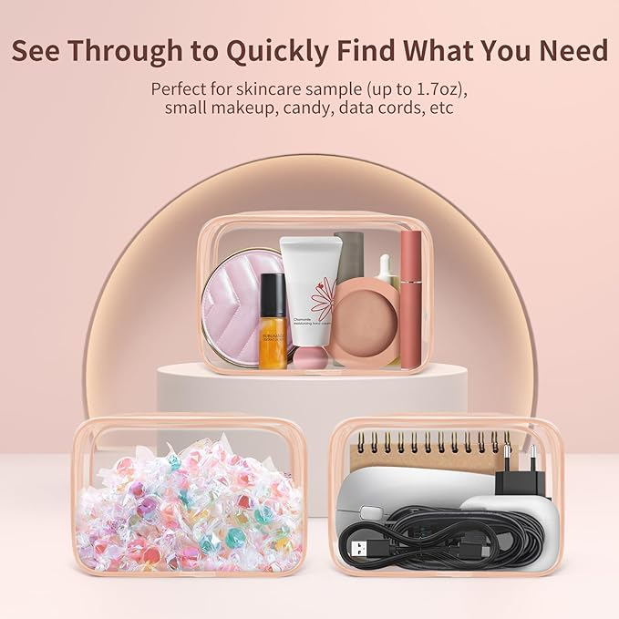 TISRATOK 12 PCS Clear Makeup Bag for Women with Zipper, TSA Approved Toiletry Pouch, Cosmetic Bag Bulk for Travel Organizer Essentials -Orange-pink, Small