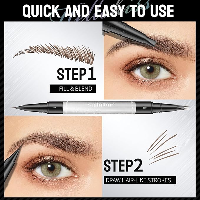 Double-Ended Eyebrow Pen, 0.01mm Micro-fork Tip,Waterproof Liquid Brow Ink, Micro-Fork and Fine Tips, 5 Shades (2#Brown)