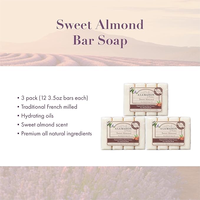 A LA MAISON Sweet Almond Bar Soap -Uses: Hand and Body, Triple Milled, Essential Oils, Biodegradable, Plant Based, Vegan, Cruelty-Free, Alcohol & Paraben Free (8 Bars of Soap, 3.5 oz)