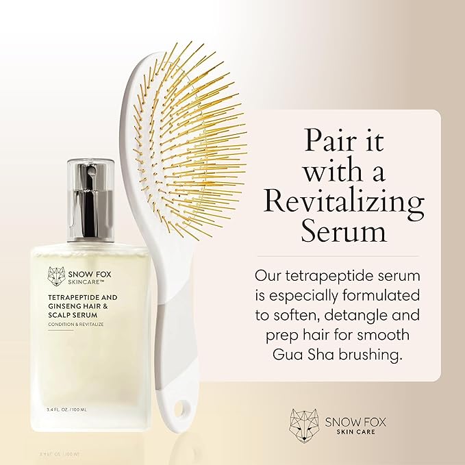Snow Fox Skincare Gua Sha Hair Brush - White Edition. Scalp Massage Comb with Gold-Plated Metal Bristles for Healthy Follicles. Soothing Gua Sha Acupressure Tool for All Hair Types