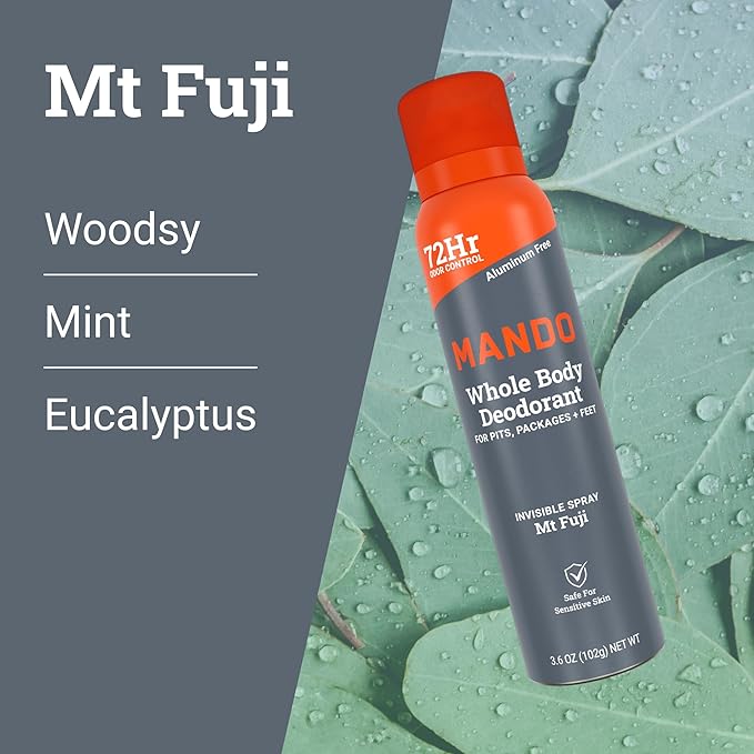 Mando Whole Body Deodorant For Men - Invisible Spray Deodorant - 72 Hour Odor Control - Low Irritation Formula - Aluminum Free, Benzene Free - 3.6 ounce Cans (Pack of 2) - Mt Fuji