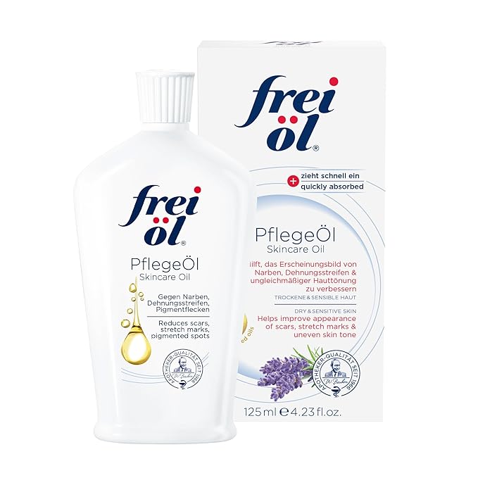 frei öl skincare oil – fast absorbing, nourishes skin soft and smooths – excellent as body oil for stretch marks removal and vitamin e oil for scars, microbiome-friendly and vegan, 125 ml / 4.23 Fl Oz