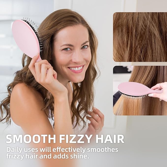 Boar Bristles Hair Brush for Women and Men, Detangling Hair Brush for Smoothing Massage Add Shine, Nylon&Boar Bristles Detangler brush for Hair Healthy (1 Pack-Pink)