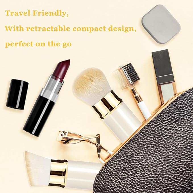 Makeup Brush, Retractable 2 Pack Travel Kabuki Powder Makeup Brush, Foundation Face Blush Brushes for Blending Liquid, Blush, Bronzer, Buffing, Sunscreen,Flawless Cosmetics