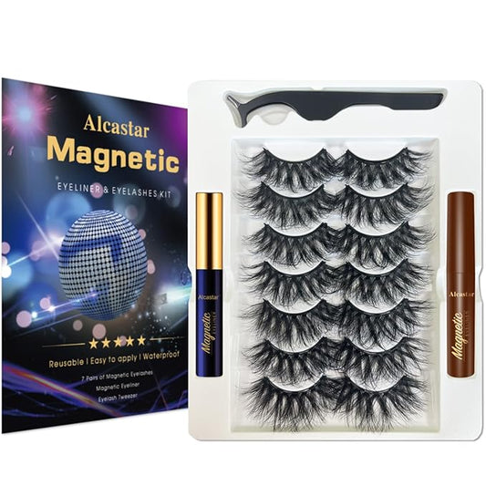 Alcastar Magnetic Eyelashes and Eyeliner Kit,Magnetic Lashes Natural Looking with Eyeliner,Eyelash With Applicator,Waterproof, Long Lasting,Cruelty Free (Mink Fluffy7-201)