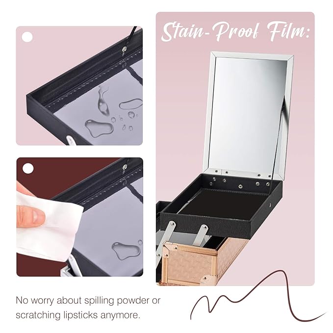 Joligrace Beauty Makeup Train Case for Lady Portable Cosmetic Box Jewelry Organizer Lockable with Keys and Mirror 2-Tier Trays Carrying with Handle Makeup Storage Box - Rose Gold