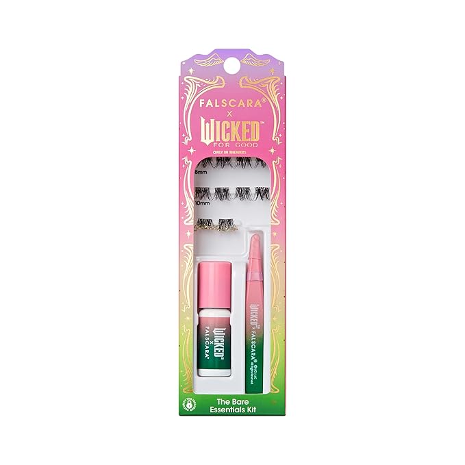 FALSCARA X WICKED: FOR GOOD False Eyelashes, ‘I Couldn't Be Lovelier’, 8mm-10mm Natural Volume, Silver Glitter, Lash Extension Kit Includes Mini BOND, Mini Applicator, & 10 Lash Clusters