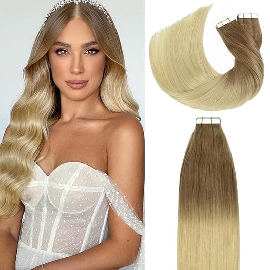 Lacerhair Tape in Balayage Natural Hair Extensions Straight Ombre Bronde to Bleach Blonde Soft Human Hair Extensions 20 Inches