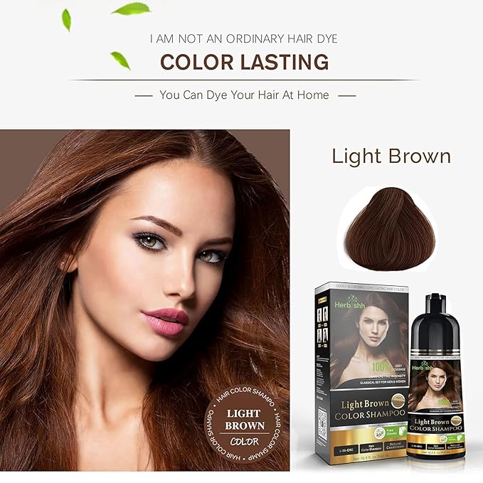 Herbishh Light Brown Hair Color Shampoo - 3-In-1 Magic Dye for Gray Hair 500 Ml + Essential Flower Hair Oil - Organic Formula for Dry, Damaged Hair 60 ML
