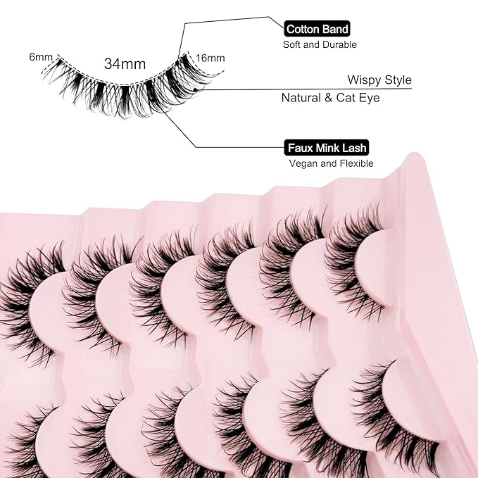 Wispy Lashes False Eyelashes Natural Look, Yasnai Cat Eye Lash Fake Lashes Volume Lashes, Natural Eyelash Strips Lashes Natural Eyelashes Clear Band 6 Pairs Pack