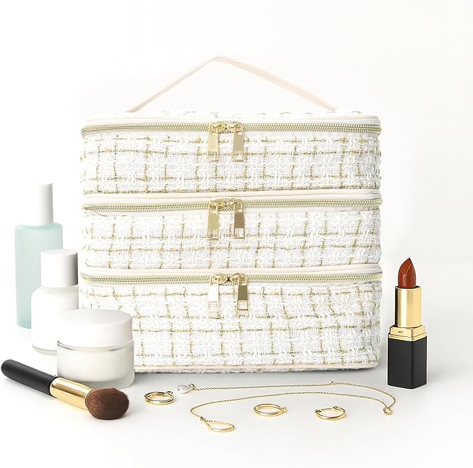 Travel Makeup Bag for Women Three Layer Large Cosmetic Case Water-resistant Toiletry Bag Organizer for Store Toiletries Cosmetic Accessories and Manicure Sets Gold White