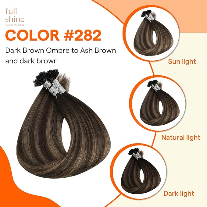 Full Shine U Tip Hair Extensions Human Hair Color 2 Darkest Brown Ombre 8 Ash Brown and 2 K Tip Hair Extensions Real Human Hair 16 Inch Keratin Utip Extensions 50 Grams