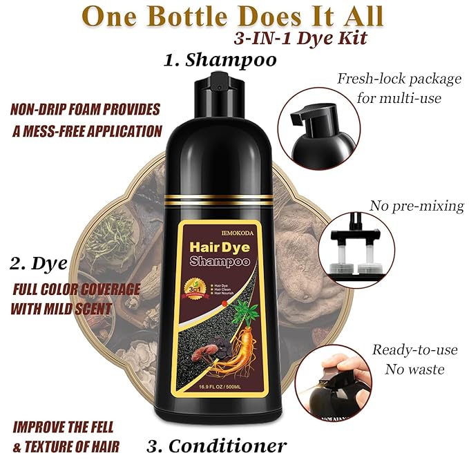 Chestnut Brown Hair Dye Shampoo 3-in-1, Instant & Long-lasting Hair Color Shampoo in Minutes, Gray Hair Coverage for Men & Women, Natural Shampoo Hair Dye for All Hair Types