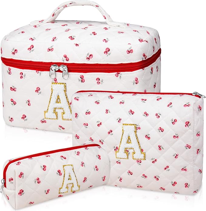 Initial Makeup Bag Set, Personalized Quilted Makeup Bag, Large Floral Cosmetic Bag for Women, Cute Cotton Custom Make up Bags, Flower Travel Toiletry Bag Teen Girl Gift Trendy Stuff Gift Red Cherry A