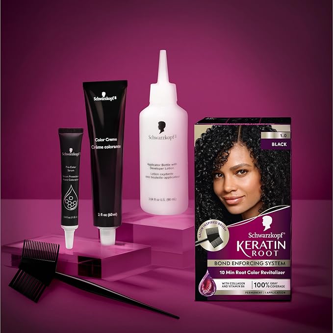 Schwarzkopf Keratin Root Permanent Hair Color Kit, 1.0 Black, 1-Application Root Touch-Up with Collagen & Vitamin B6, Complete Gray Coverage, Precision Brush, All Hair Types & Textures