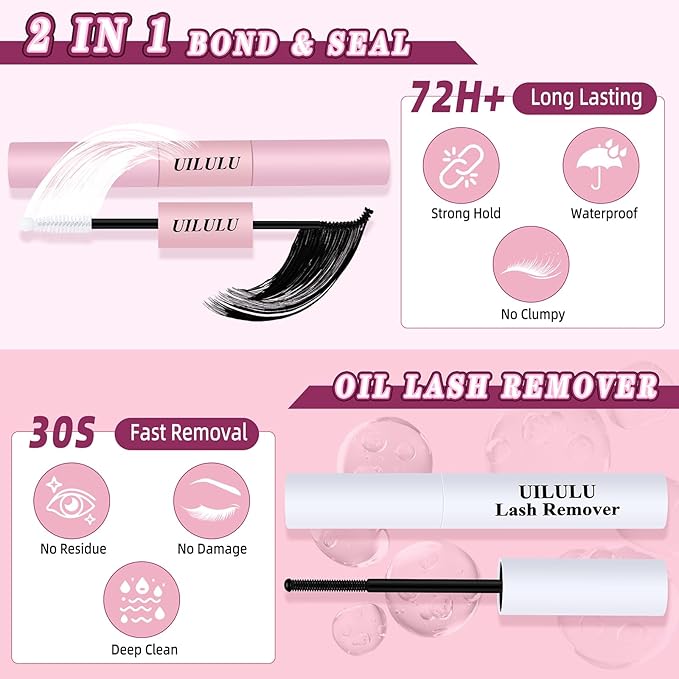 Lash Clusters Kit for DIY Lash Extension at Home, False Eyelashes Set with Bond and Seal, Remover, Tweezers, D Curl Wispy Individual Clusters Lashes Eye Lash Extensions Kit (U02 DIY Lash Kit)