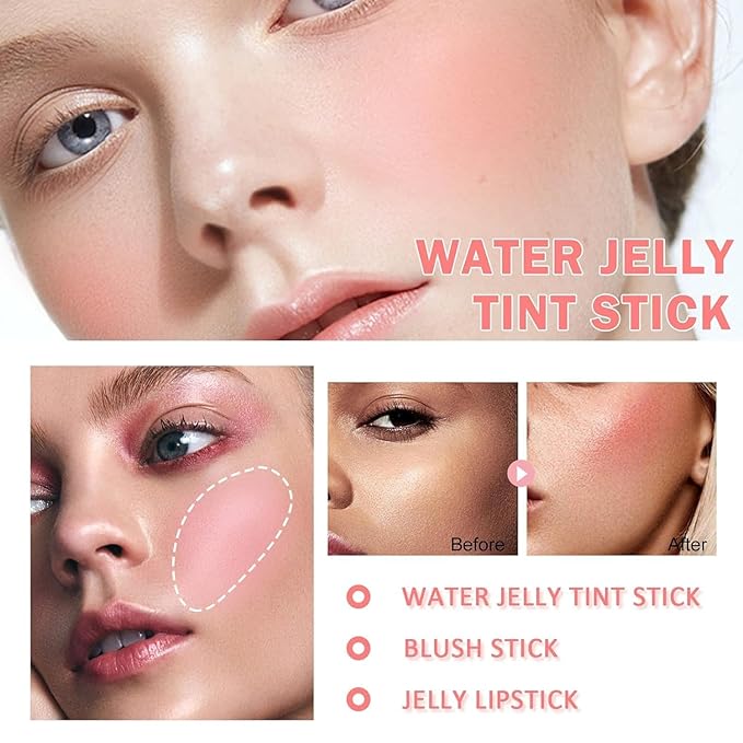 Lingyun 4 Colors Water Jelly Blush Tint, Long-Lasting Jelly Lip & Cheek Tint, Multi-Use Buildable Lip Tint + Blush,Effect 1,000+ Swipes Per Stick,Cute Stuff for Girls
