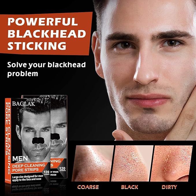 Men Blackhead Pore Strips - 120 Strips - Deep Cleansing - Face Nose Pores - Blackheads Removal - Large Size For Nose+Face