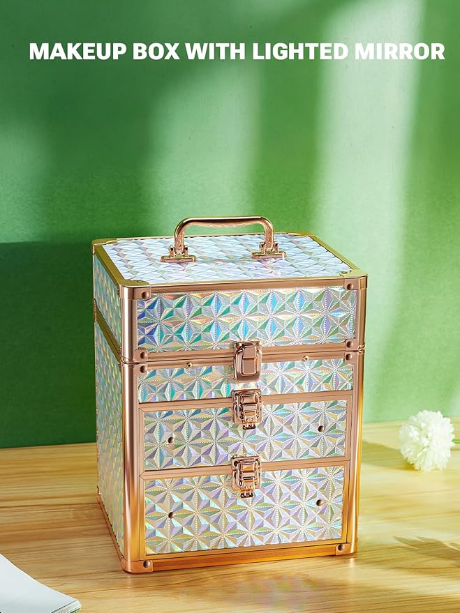 Qislee Makeup Box with Double Drawers and Four Trays, A Detachable Lighted Mirror, Waterproof Travel Train Case, Cosmetic Organizer and Makeup Suitcase with Magnetic LED Mirror(Sparkling Blue)