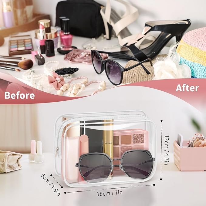TISRATOK 12 PCS Clear Makeup Bag for Women with Zipper, TSA Approved Toiletry Pouch, Cosmetic Bag Bulk for Travel Organizer Essentials - White,Medium