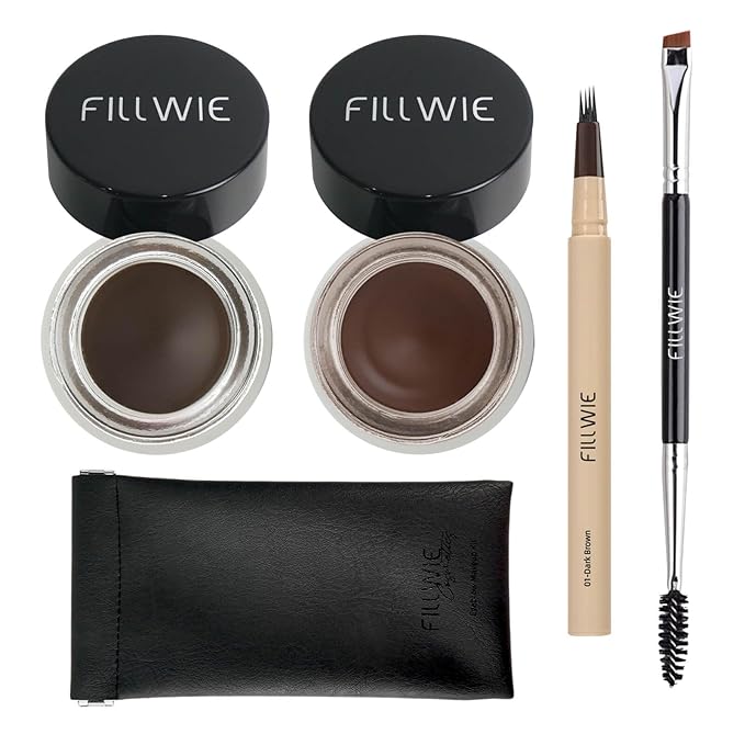2 Pack Eyebrow Pomade Stamp & 4-Tip Liquid Eyebrow Pen Kit, Dual Brow Colors with Angled Spoolie Brush & PU Travel Pouch – Long-Lasting, Waterproof, Natural Look (Dark Brown + Chocolate)