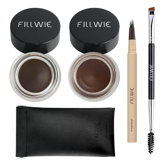 2 Pack Eyebrow Pomade Stamp & 4-Tip Liquid Eyebrow Pen Kit, Dual Brow Colors with Angled Spoolie Brush & PU Travel Pouch – Long-Lasting, Waterproof, Natural Look (Dark Brown + Chocolate)