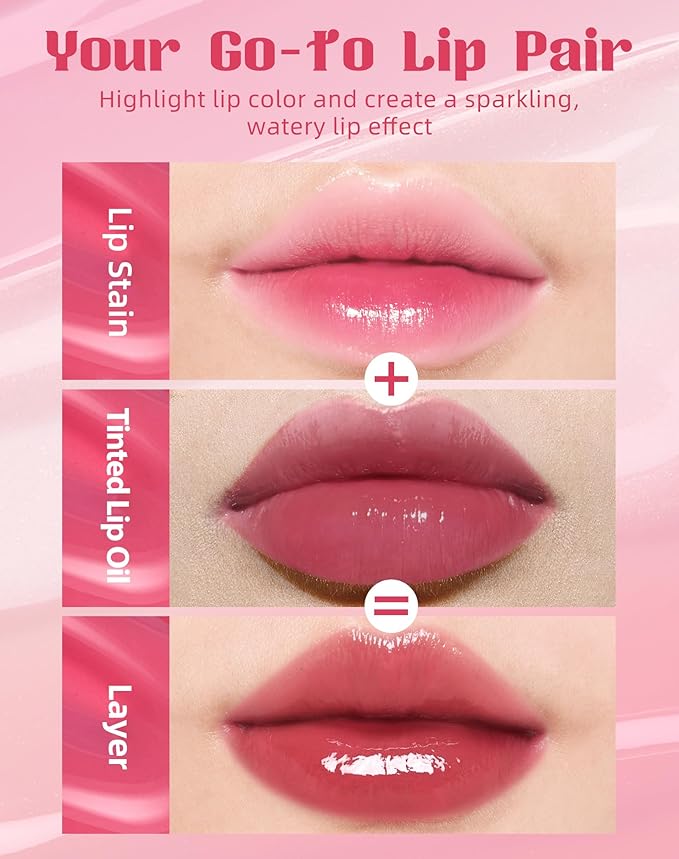 bayfree Tinted Lip Oil & Lip Stain Set, Korean Makeup, Smudge-Proof,Long-Wearing, 2-in-1 Cheek and Lip Tint with Moisturizing, High-Shine, Lightweight & Non-Sticky for Dry Lips, Cruelty-Free & Vegan