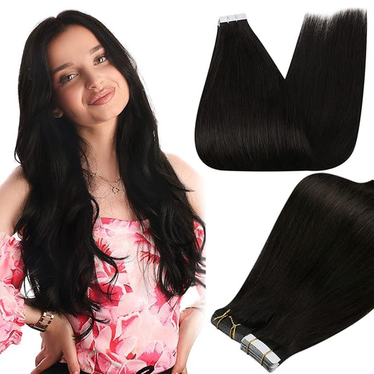 Full Shine Remy Tape in Hair Extensions Human Hair Double Sided Skin Weft Real Hair Tape in Extensions 22Inch Color 1B Off Black Seamless PU Human Hair Extensions 20Pcs 50Grams Add Length for Wedding
