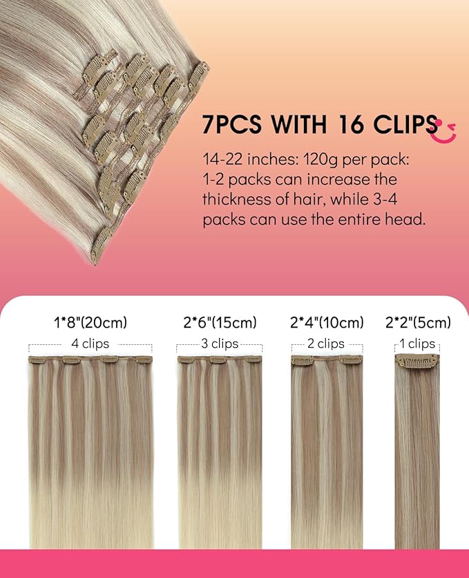 Youngsmile Real Hair Clip in Extensions Straight Human Hair #18/22/60 Balayage Ash Blonde to Golden Blonde and Platinum Blonde 7pcs 120g 14 Inch Clip in Hair Extensions (CLIP#182260-14Inch)