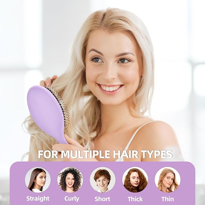Boar Bristles Hair Brush for Women and Men, Detangling Hair Brush for Smoothing Massage Add Shine, Nylon&Boar Bristles Detangler brush for Hair Healthy (Purple&White)