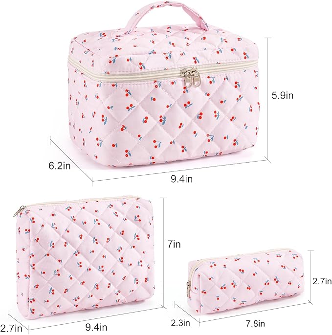 Makeup Bag for Women 3PCS Quilted Cotton Make Up Bag Travel Cosmetic Bag Large Makeup Bag Set Cute Makeups Organizer Floral Toiletry Pouch for Purse, Mini Cherry
