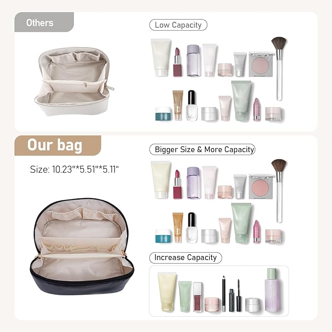 Large Capacity Cosmetic Bag for Women, Waterproof PU Leather Makeup Bag for Travel,Toiletry Bag Make up Organizer with Divider and Handle (Black)