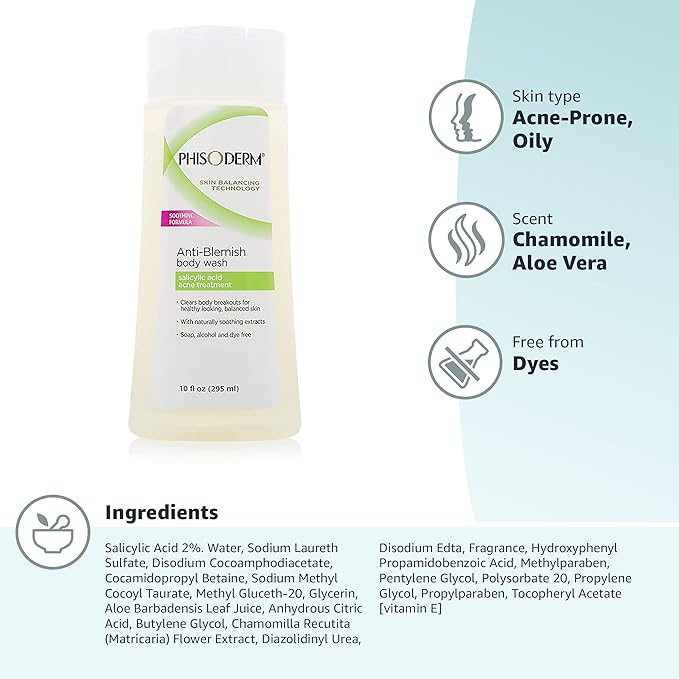 pHisoderm Anti-Blemish Body Wash for Acne, 10 fl oz Bottle