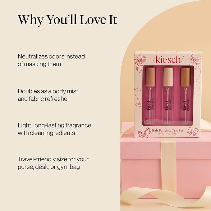 Kitsch Hair Perfume for Women - Trio Set | Clean, Deodorizing & Patented Odor-Eliminating Technology Hair Spray & Body Mist - Freshen Hair, Pillows - Amber Shores, Warm Sugar, Rustic Vanilla, 3x10mL