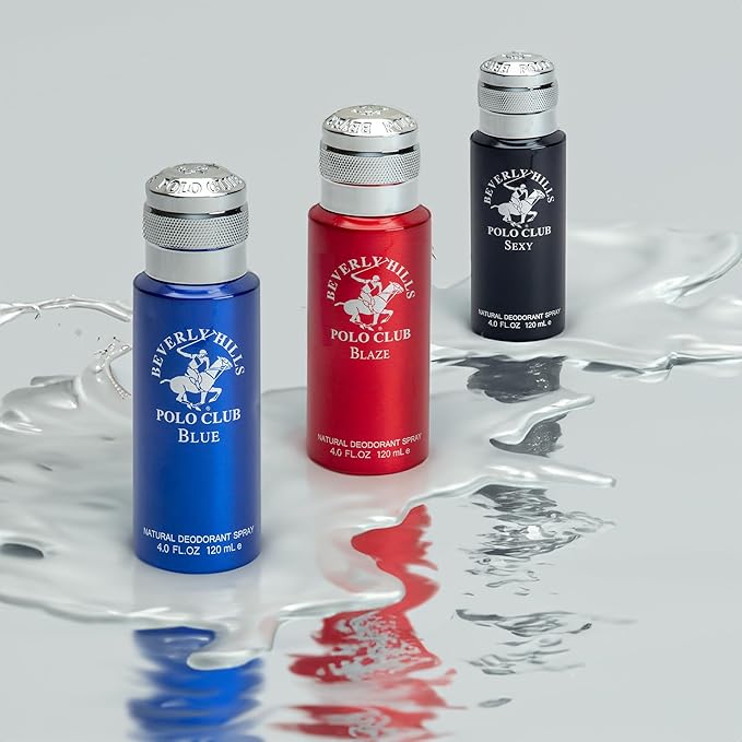 BHPC Men's Deodorant Body Spray Collection - 3 Piece Deodorizing Natural Body Spray Gift Set for Men - Beverly Hills Polo Club Long Lasting Odor Protection Deodorant - Sexy, Blaze and Blue (4 Oz Each)