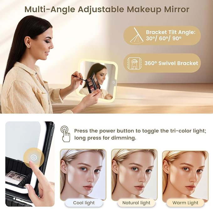 Makeup Case with Magnetic Lighted Mirror 10.15 IN Makeup Organizer Box Travel Cosmetic Case with 3 Colors LED Mirror Portable Vanity Make up Suitcase with Dividers Brush Holder Lock Black Checkerboard