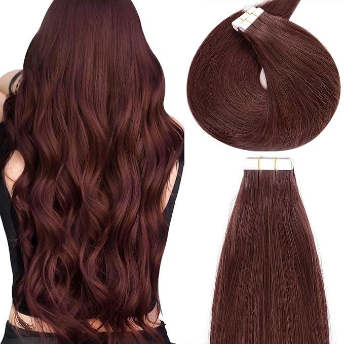 Lacer Tape in Hair Extensions Human Hair Wine Red 20 Inches Burgundy Straight Tape in Real Human Hair Extensions Dlouble Side Weft 20pcs 50 Grams Per Pack