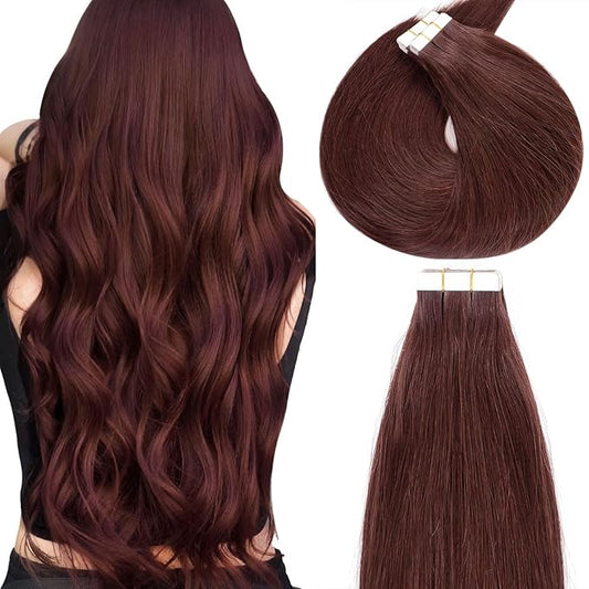 Lacer Tape in Hair Extensions Human Hair Wine Red 20 Inches Burgundy Straight Tape in Real Human Hair Extensions Dlouble Side Weft 20pcs 50 Grams Per Pack