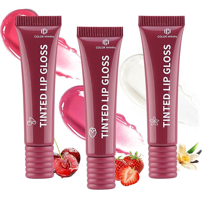 Color Nymph Tinted Lip Gloss Trio, Nourishing Lip Balm Set with Shea Butter & VE, Non-Sticky Intense Hydrating Lipgloss for Dry Lips, Sheer Tint | Vegan & Cruelty-free, #04 Strawberry Vanilla & Cherry