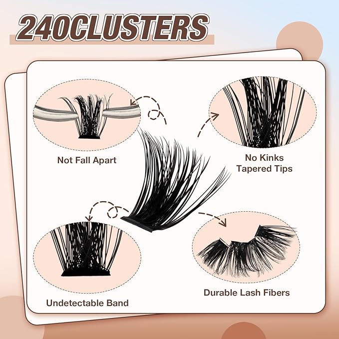 Lash Clusters Kit, DIY Cluster Eyelash Extensions 10‑20mm, 80D, 240pcs Fluffy D Curl Natural Lashes with Bond & Seal,Remover,Tweezers – Fake Cat Eye Individual Clusters