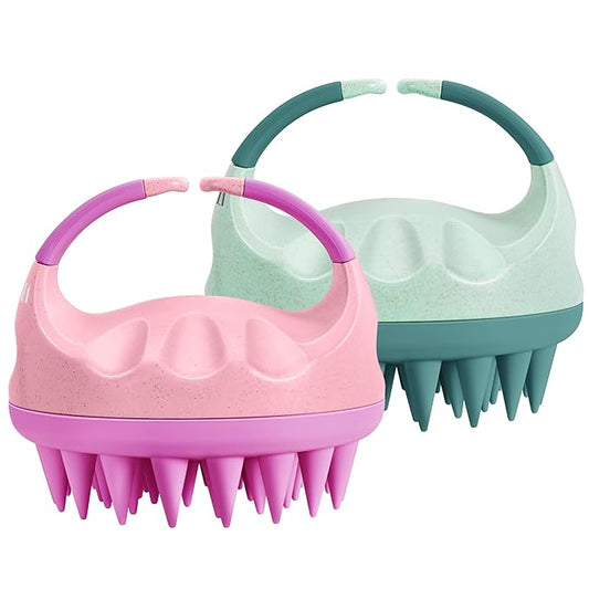 HEETA Scalp Massager with Soft Silicone Bristles for Hair Growth, Dandruff Removal, Itching Relief - Shampoo Brush for Hair Care and Relaxation (Coral Pink & Green)