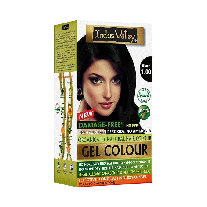 Indus Valley Natural Organic Damage Free Gel Hair Color | Ammonia Free, Vegan & Cruelty Free | Up to 100% Gray Coverage|Black 1.0 (20gram+200ml)